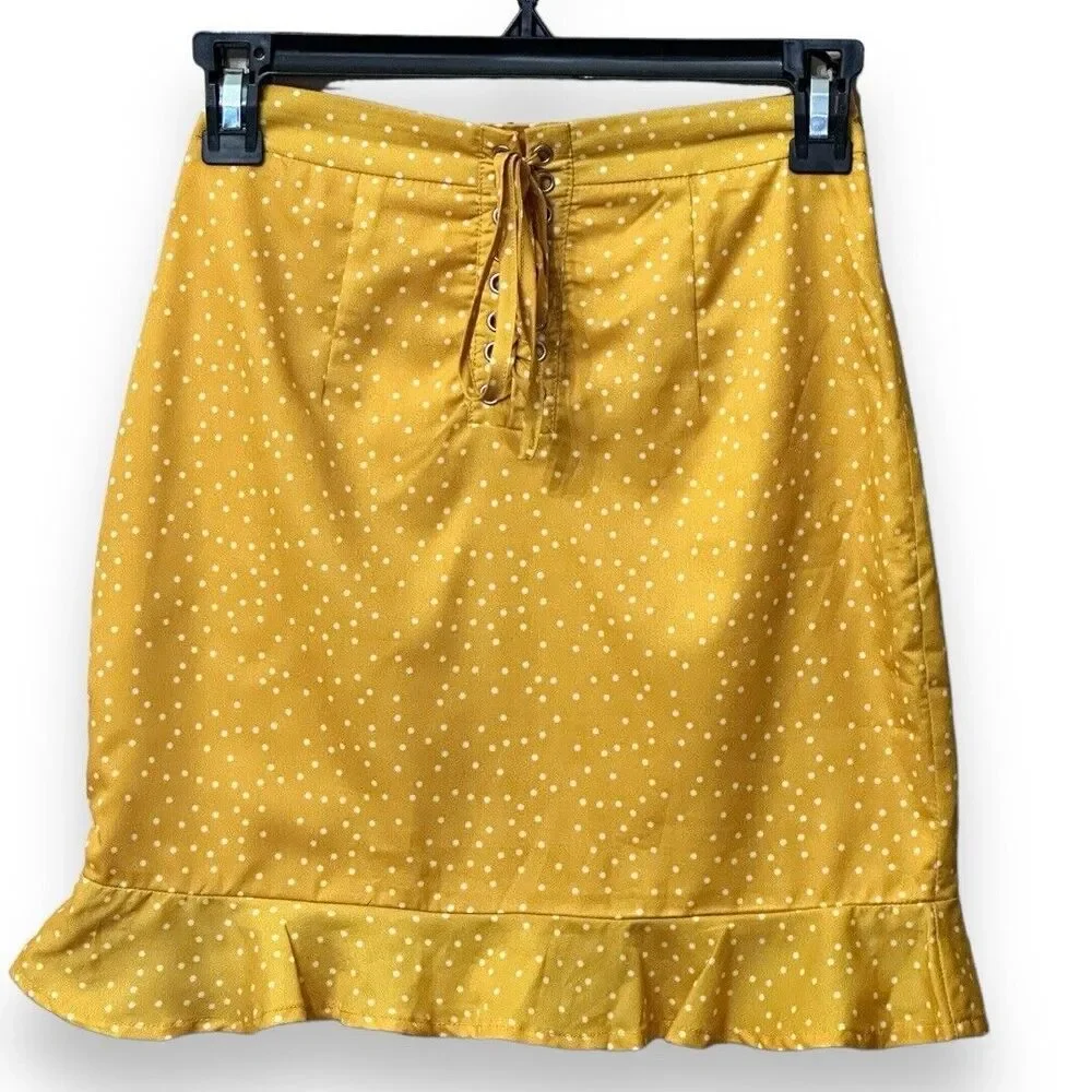 Revolve By The Way Esme Polka Dot Yellow Ruffle Mini Skirt XXS Lace Up Front